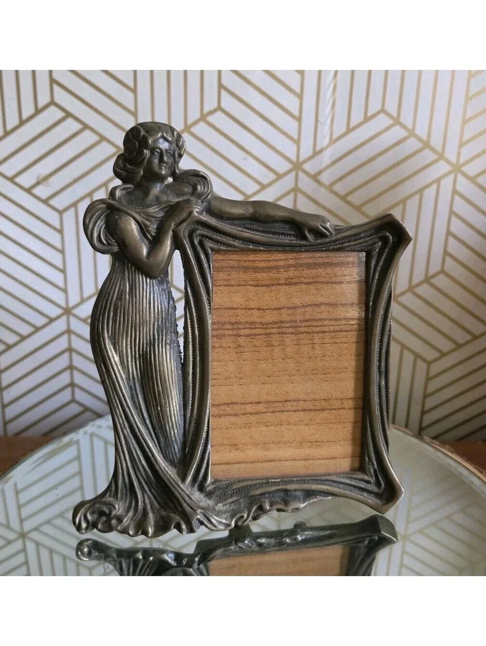 Vintage Brass Art Deco Style Metal Frame with Stand Art Nouveau Hula Tiki Girl